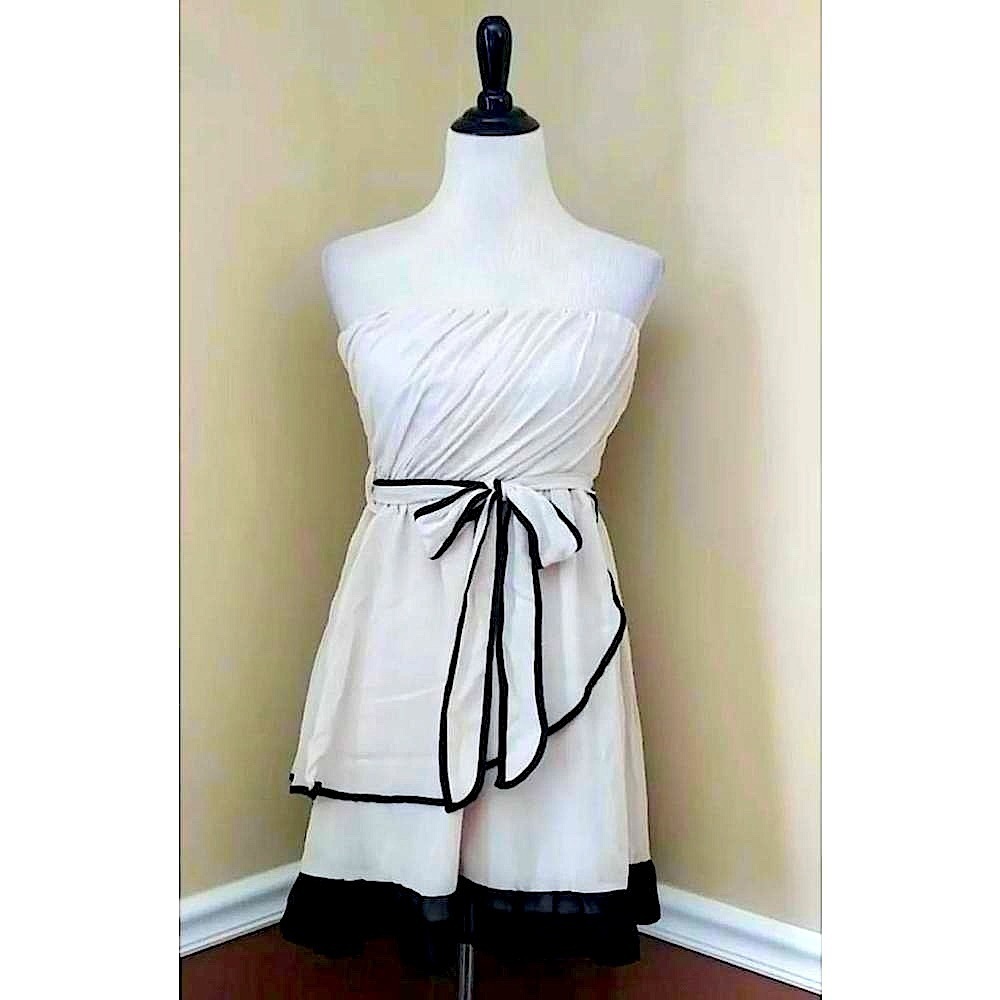 Beige Black Ruffle Trim Strapless Silk Party Dress Ya Los Angeles from ModCloth